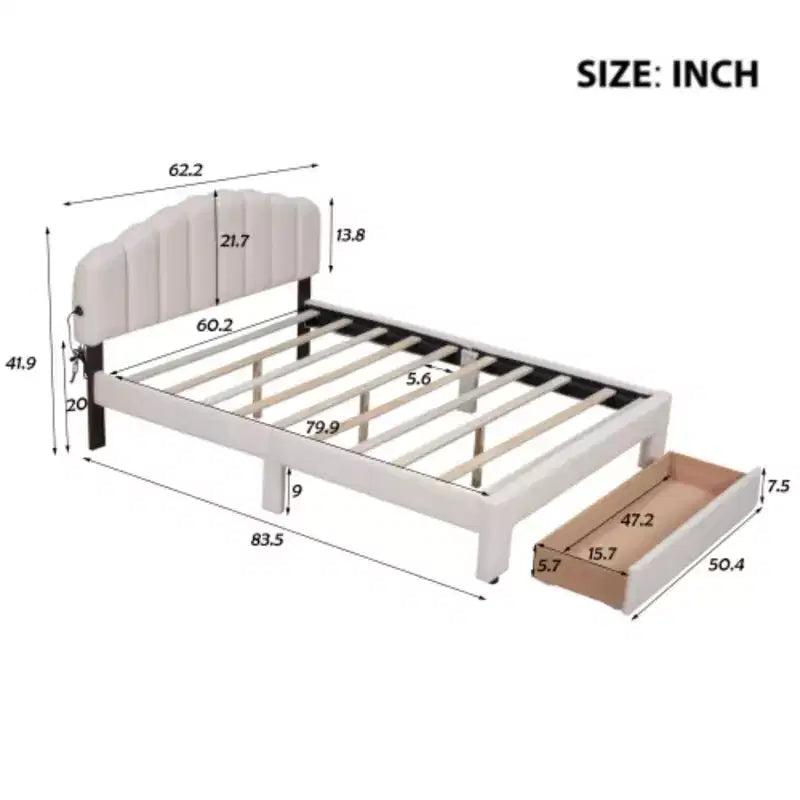 Beige Teddy Fleece Queen Size Upholstered Platform Bed Including a Drawer
