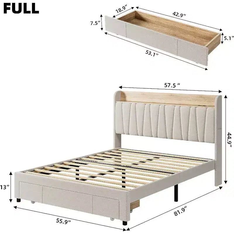 Upholstered Platform Bed Frame with 2 Storage Drawers, Storage Headboard & Charging Station