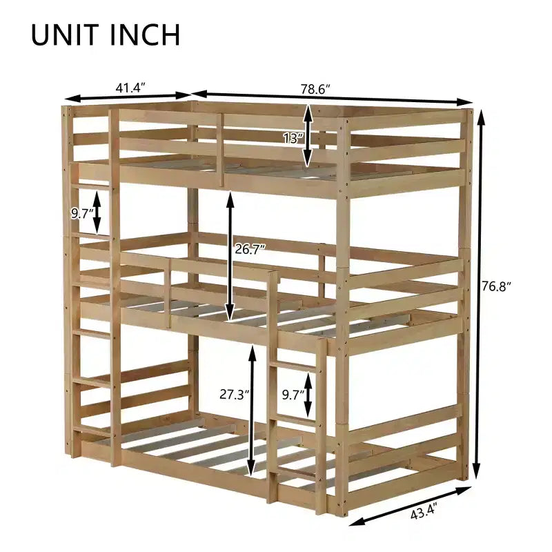 Detachable Triple Twin Bunk Bed with 2 Ladders & Guardrails, Rubber Wood, 200 lbs/Bed