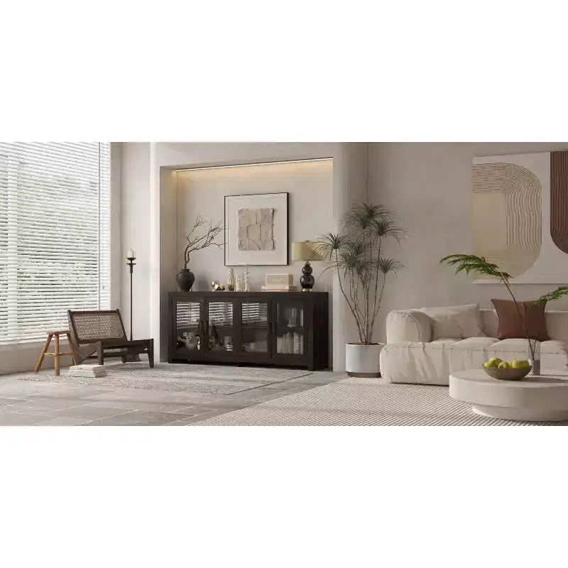 Deep Brown Accent Storage Cabinet with 4 Glass Doors & 2 Shelves, Wood Grain Finish, 70.8in