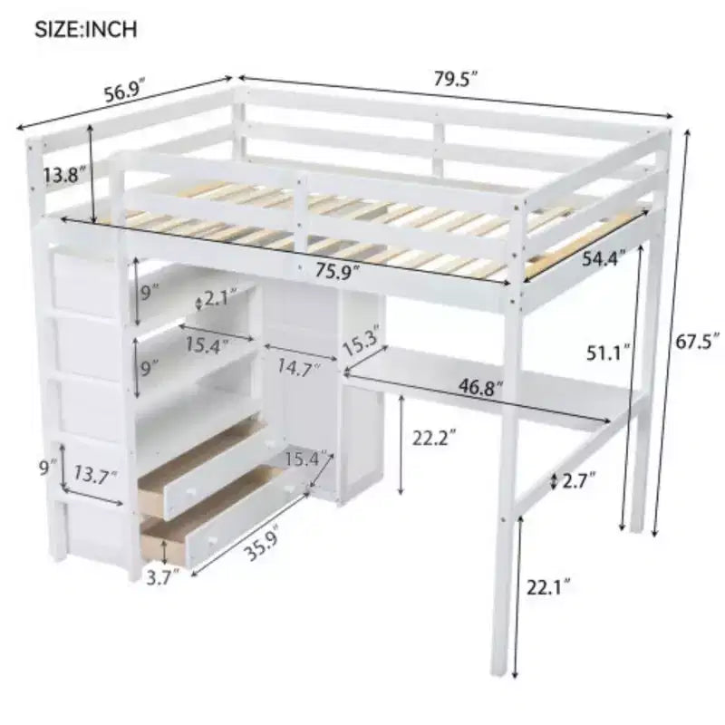 White Wood Full Size Loft Bed with Built-in Wardrobe, Desk, Storage Shelves and Drawers.