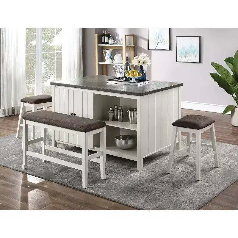 Upholstered Counter Height Dining Bench, Off-White & Dark Gray, Seats 2, 41in