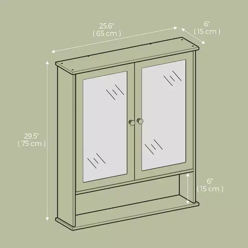 Wall-Mounted Bathroom Cabinet with 2 Mirrored Doors & Adjustable Shelf, White, 25.6x29.5in