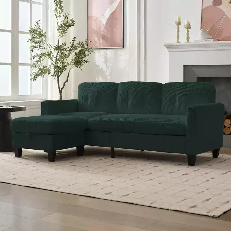 76in Convertible L-Shaped Sectional Sofa with Storage Ottoman, Corduroy, 3-Seater