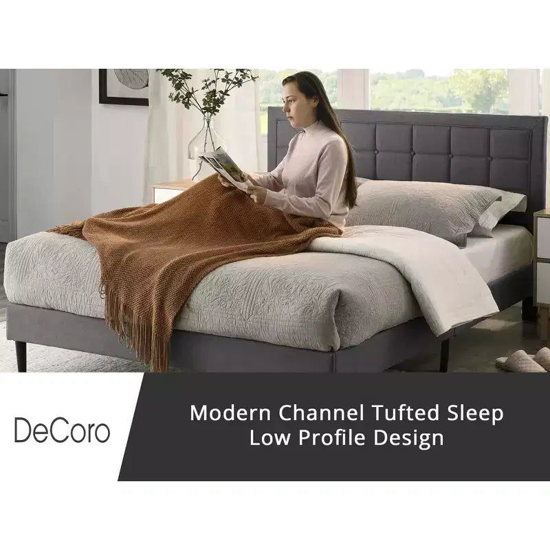 Upholstered Platform Full Size Bed Frame with Button-Tufted Headboard & Wood Slat Support