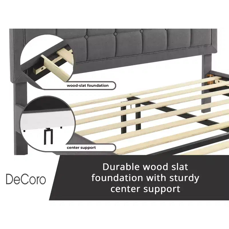 Upholstered Platform Full Size Bed Frame with Button-Tufted Headboard & Wood Slat Support