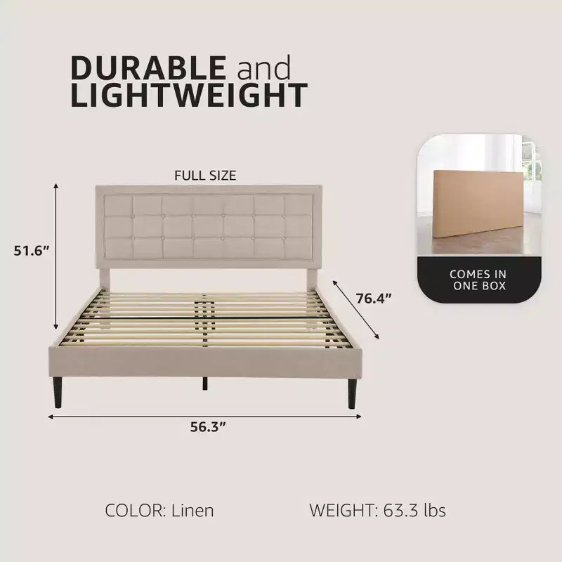 Upholstered Platform Full Size Bed Frame with Button-Tufted Headboard & Wood Slat Support