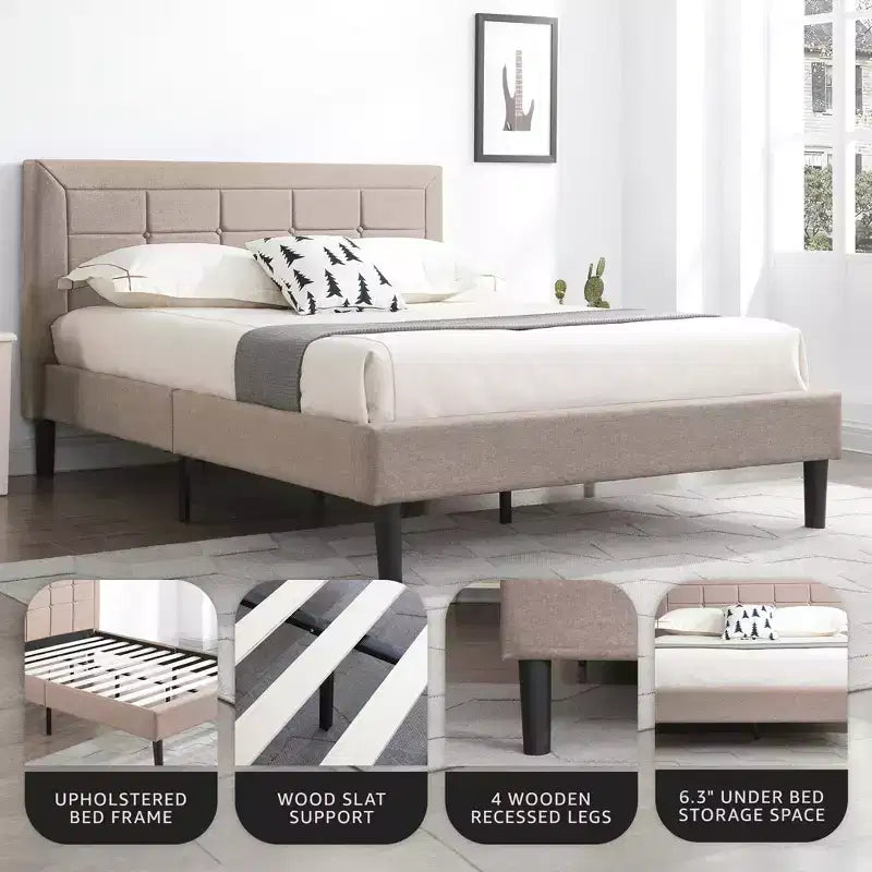 Upholstered Platform Full Size Bed Frame with Button-Tufted Headboard & Wood Slat Support