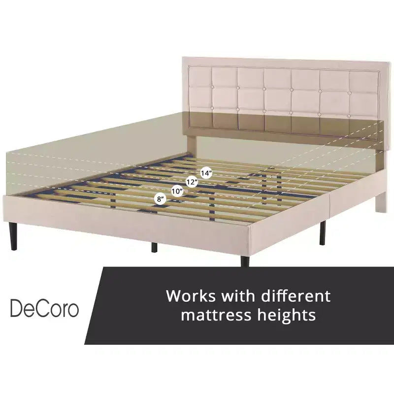 Upholstered Platform Full Size Bed Frame with Button-Tufted Headboard & Wood Slat Support