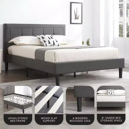 Upholstered Platform Full Size Bed Frame with Button-Tufted Headboard & Wood Slat Support