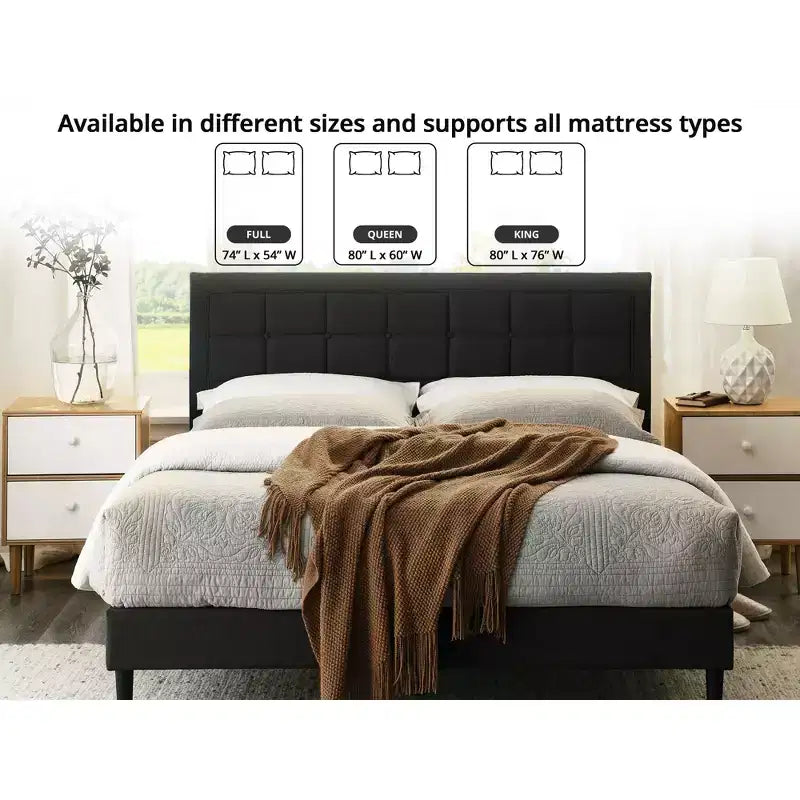 Upholstered Platform Full Size Bed Frame with Button-Tufted Headboard & Wood Slat Support