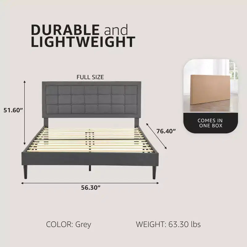 Upholstered Platform Full Size Bed Frame with Button-Tufted Headboard & Wood Slat Support