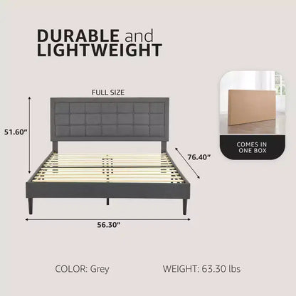 Upholstered Platform Full Size Bed Frame with Button-Tufted Headboard & Wood Slat Support