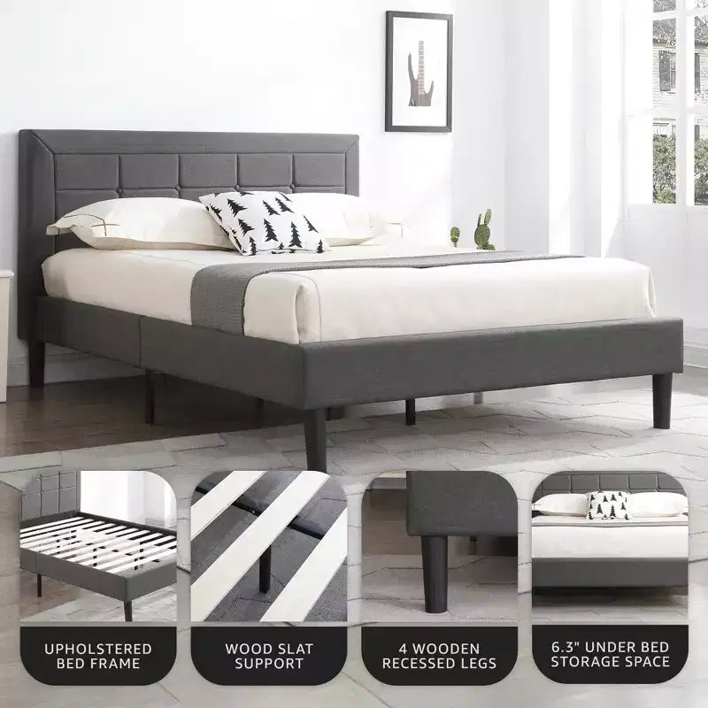 Upholstered Platform Full Size Bed Frame with Button-Tufted Headboard & Wood Slat Support
