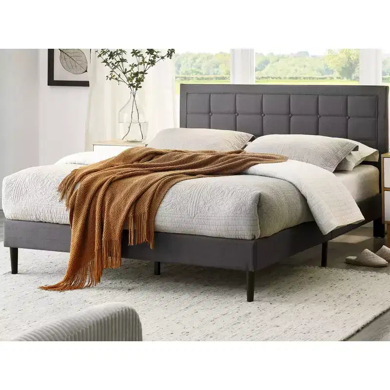 Upholstered Platform Full Size Bed Frame with Button-Tufted Headboard & Wood Slat Support