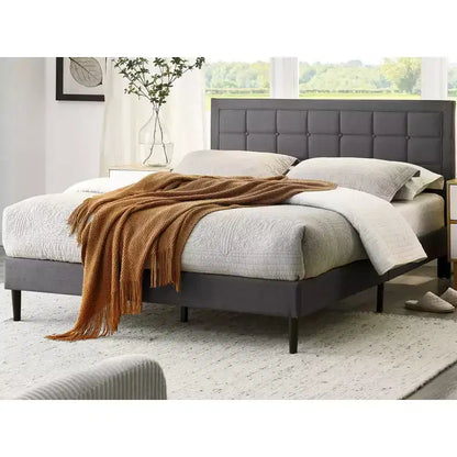 Upholstered Platform Full Size Bed Frame with Button-Tufted Headboard & Wood Slat Support