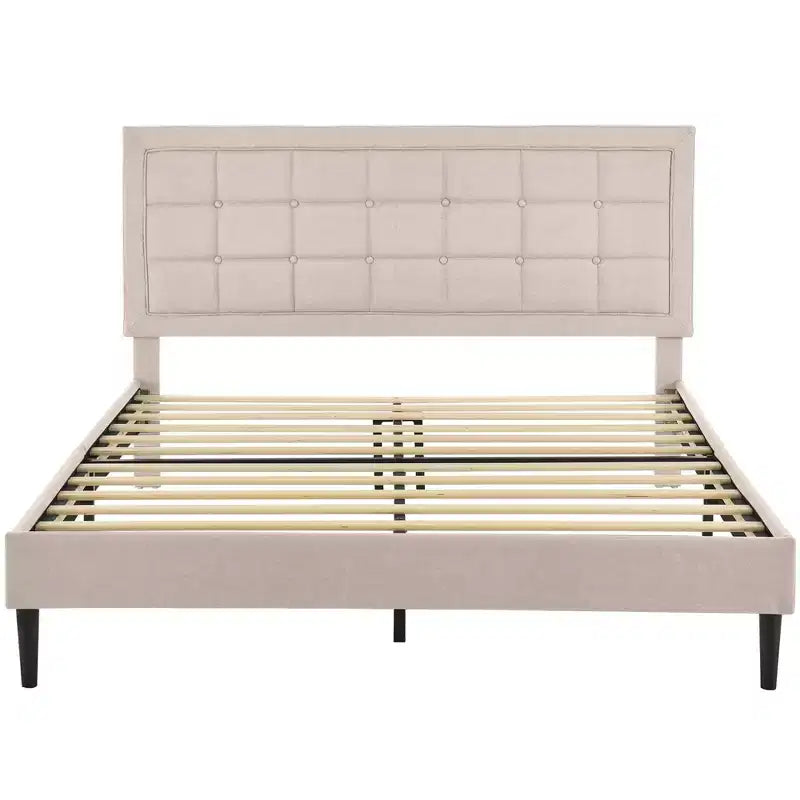 Upholstered Platform Full Size Bed Frame with Button-Tufted Headboard & Wood Slat Support