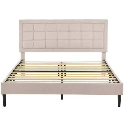 Upholstered Platform Full Size Bed Frame with Button-Tufted Headboard & Wood Slat Support