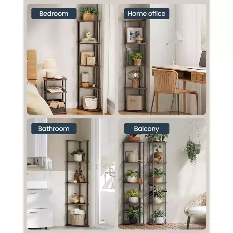 5-Tier Corner Shelf with Toolless Assembly & Anti-Tip Kit, Rustic Brown, 15x10.6x54.7in