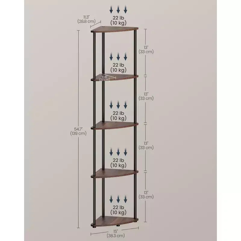 5-Tier Corner Shelf with Toolless Assembly & Anti-Tip Kit, Rustic Brown, 15x10.6x54.7in