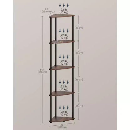 5-Tier Corner Shelf with Toolless Assembly & Anti-Tip Kit, Rustic Brown, 15x10.6x54.7in