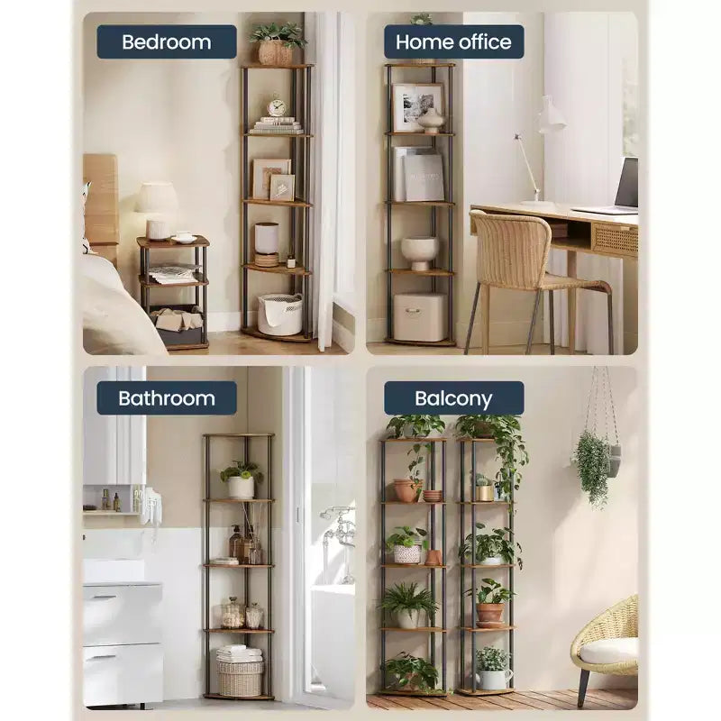 5-Tier Corner Shelf with Toolless Assembly & Anti-Tip Kit, Rustic Brown, 15x10.6x54.7in