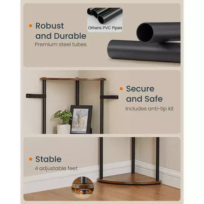 5-Tier Corner Shelf with Toolless Assembly & Anti-Tip Kit, Rustic Brown, 15x10.6x54.7in
