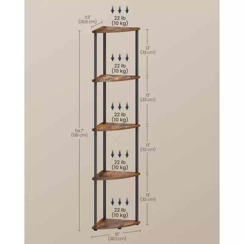 5-Tier Corner Shelf with Toolless Assembly & Anti-Tip Kit, Rustic Brown, 15x10.6x54.7in
