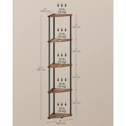 5-Tier Corner Shelf with Toolless Assembly & Anti-Tip Kit, Rustic Brown, 15x10.6x54.7in