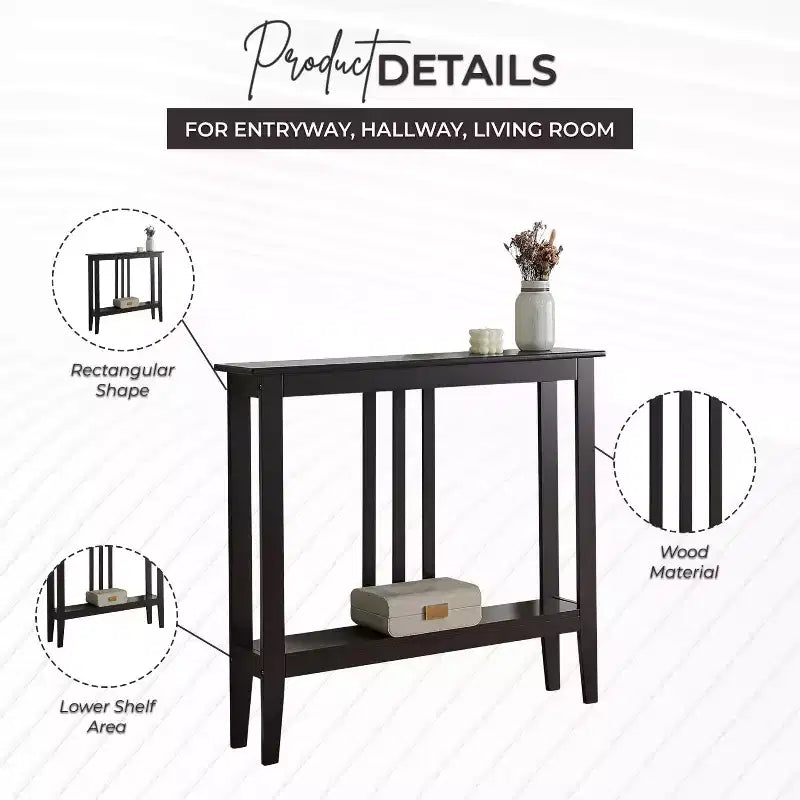 Narrow Console Table with Open Shelf & Reinforced Beams, Entryway & Hallway, 36in