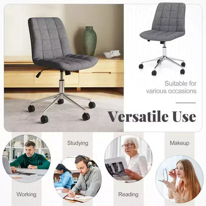 Armless Upholstered Office Chair with Adjustable Height & 360 Swivel Wheels, Gray/White
