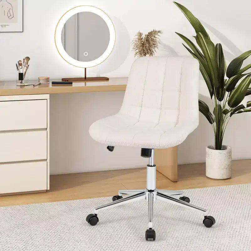 Armless Upholstered Office Chair with Adjustable Height & 360 Swivel Wheels, Gray/White