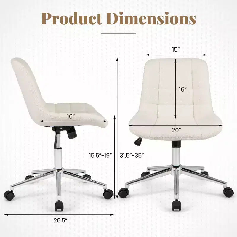 Armless Upholstered Office Chair with Adjustable Height & 360 Swivel Wheels, Gray/White