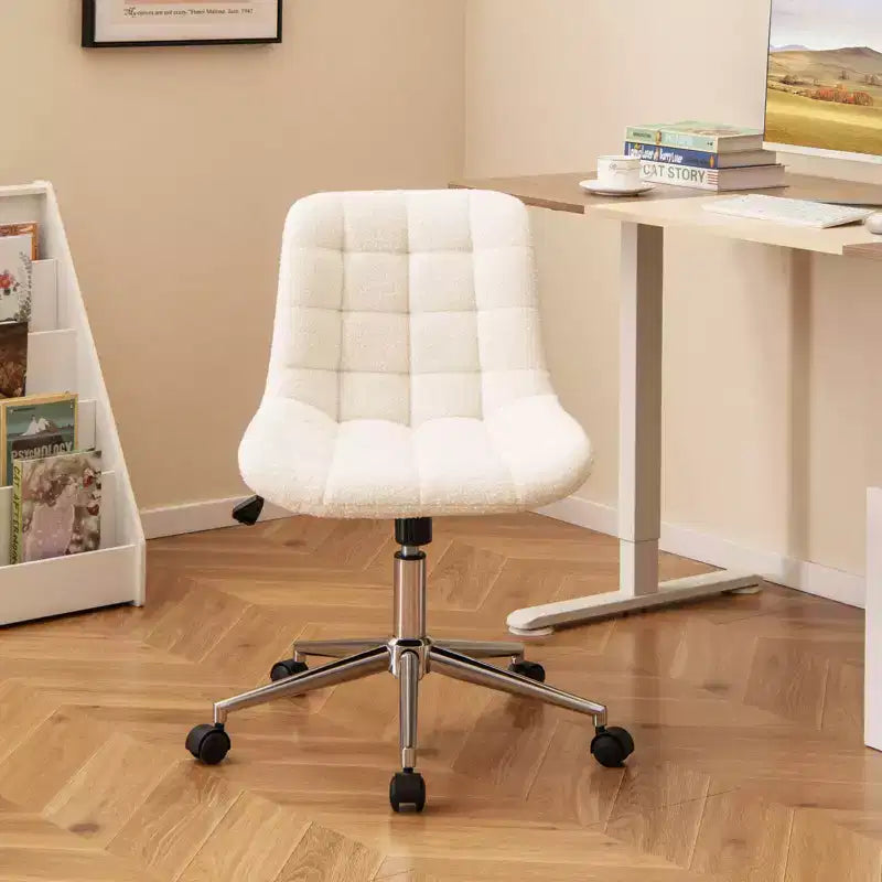 Armless Upholstered Office Chair with Adjustable Height & 360 Swivel Wheels, Gray/White