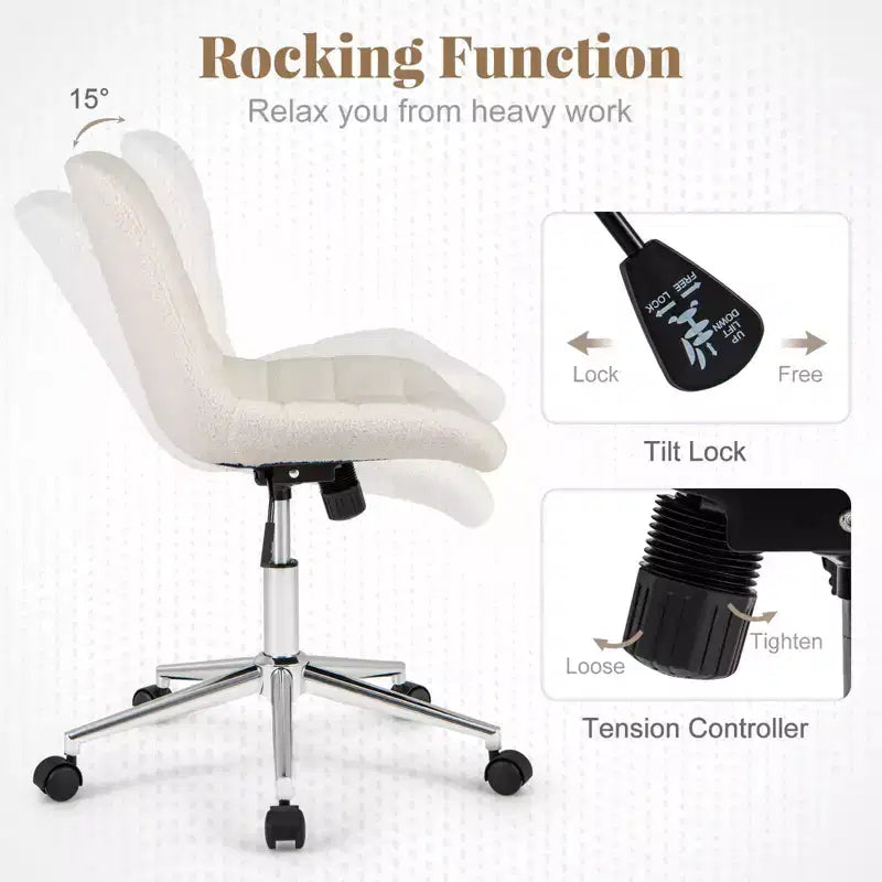 Armless Upholstered Office Chair with Adjustable Height & 360 Swivel Wheels, Gray/White