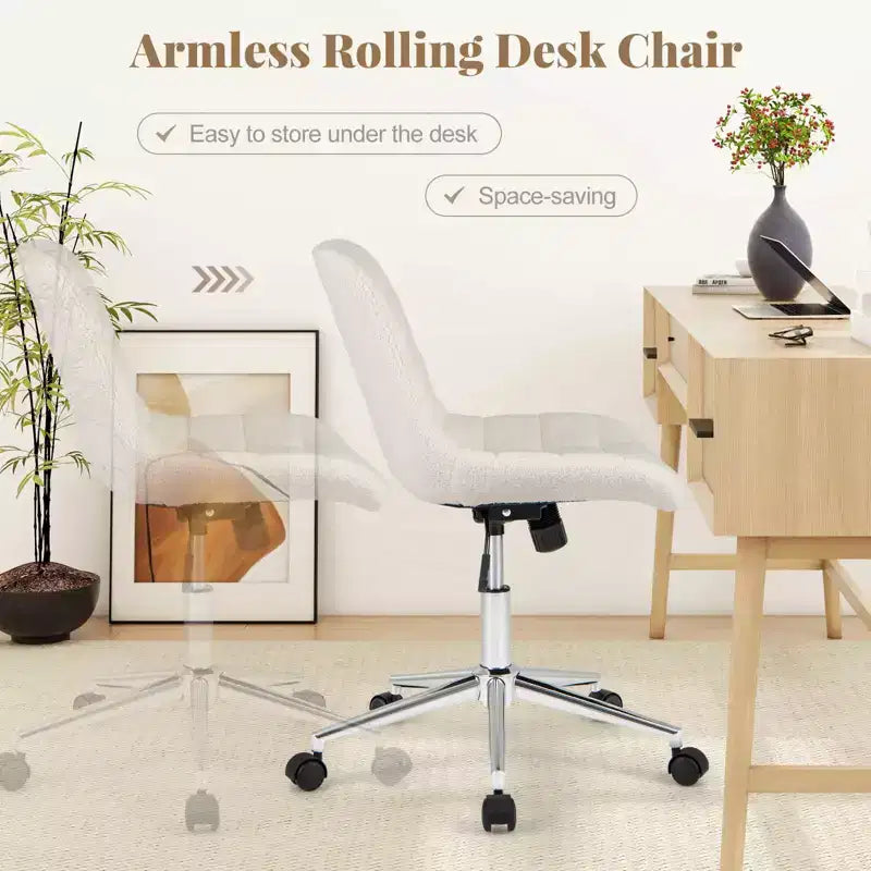 Armless Upholstered Office Chair with Adjustable Height & 360 Swivel Wheels, Gray/White