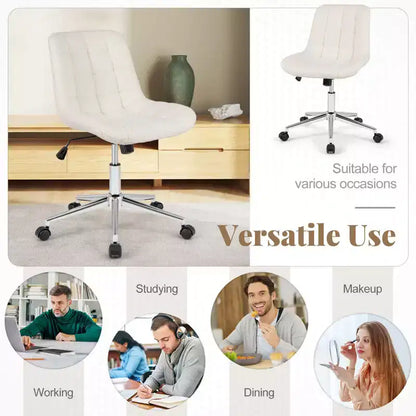 Armless Upholstered Office Chair with Adjustable Height & 360 Swivel Wheels, Gray/White