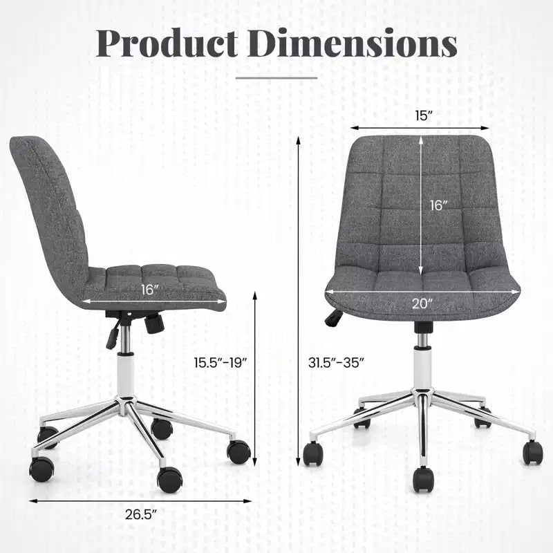Armless Upholstered Office Chair with Adjustable Height & 360 Swivel Wheels, Gray/White