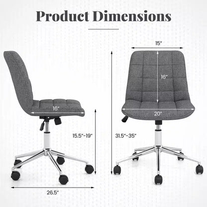 Armless Upholstered Office Chair with Adjustable Height & 360 Swivel Wheels, Gray/White