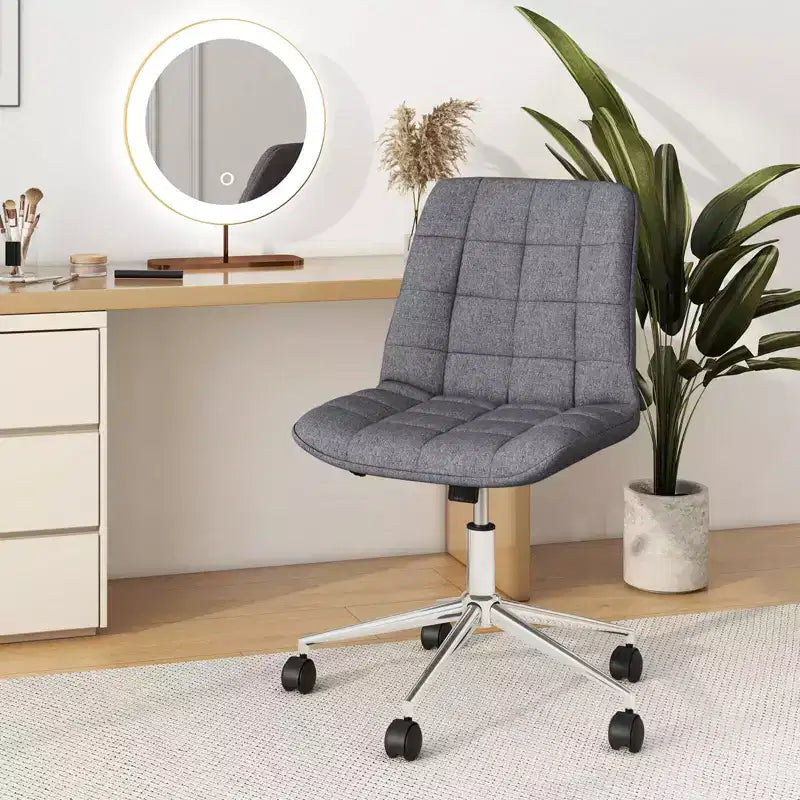 Armless Upholstered Office Chair with Adjustable Height & 360 Swivel Wheels, Gray/White