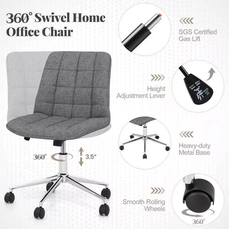 Armless Upholstered Office Chair with Adjustable Height & 360 Swivel Wheels, Gray/White