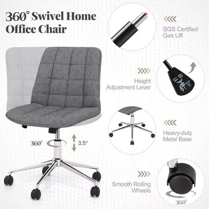 Armless Upholstered Office Chair with Adjustable Height & 360 Swivel Wheels, Gray/White
