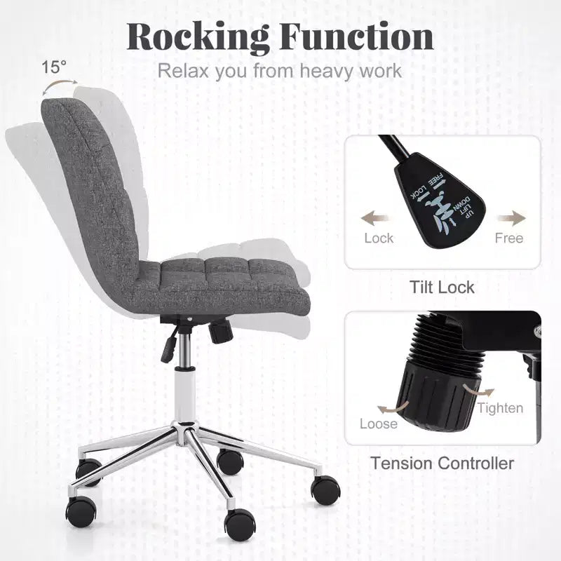 Armless Upholstered Office Chair with Adjustable Height & 360 Swivel Wheels, Gray/White