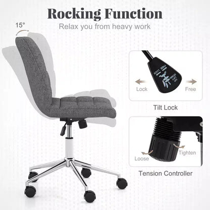 Armless Upholstered Office Chair with Adjustable Height & 360 Swivel Wheels, Gray/White