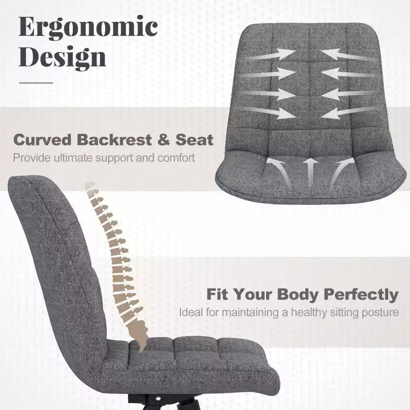 Armless Upholstered Office Chair with Adjustable Height & 360 Swivel Wheels, Gray/White