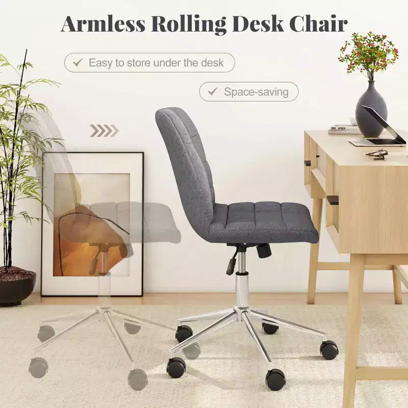 Armless Upholstered Office Chair with Adjustable Height & 360 Swivel Wheels, Gray/White