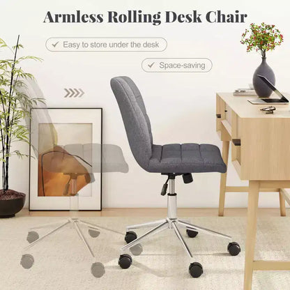 Armless Upholstered Office Chair with Adjustable Height & 360 Swivel Wheels, Gray/White