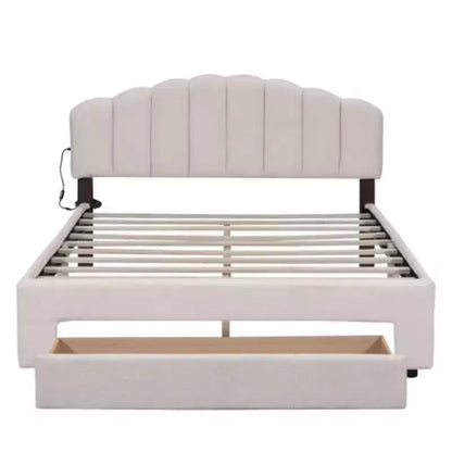 Beige Teddy Fleece Queen Size Upholstered Platform Bed Including a Drawer