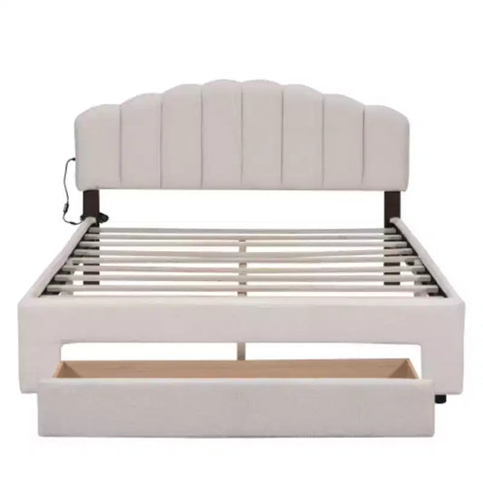 Beige Teddy Fleece Queen Size Upholstered Platform Bed Including a Drawer