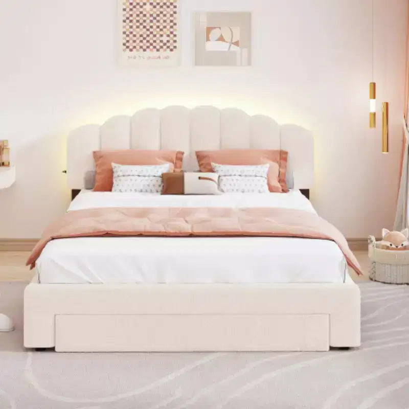 Beige Teddy Fleece Queen Size Upholstered Platform Bed Including a Drawer
